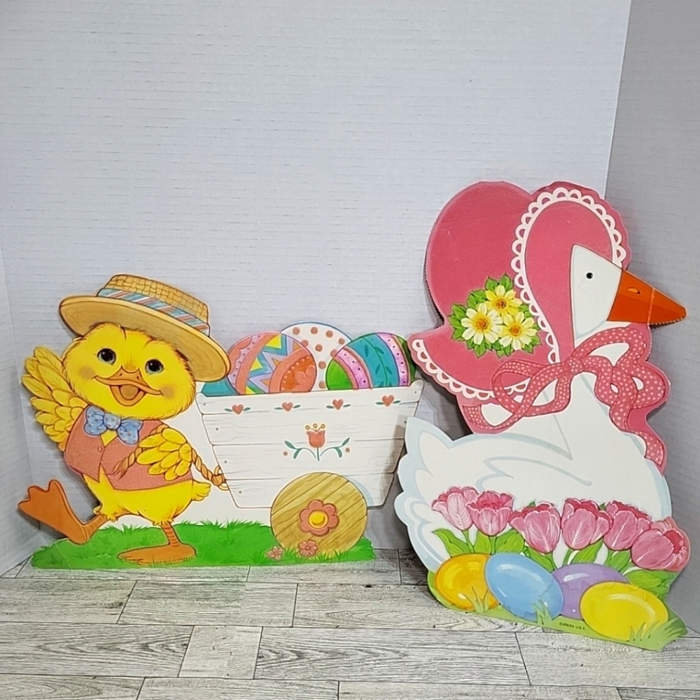 2 Vintage EUREKA Fuzzy Flocked EASTER Die‎ Cut Decorations Paper Goose Chick